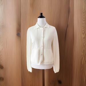 AKRIS Cardigan Sweater Women’s Size US 6 Small Chunky Knit Ivory Cotton White